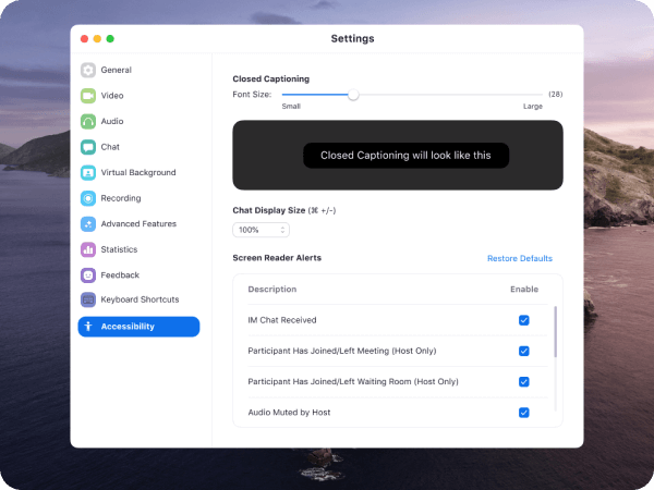 Captura de pantalla de la configuración de accesibilidad de Zoom